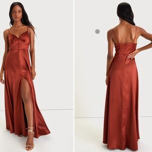 Rust Brown Satin Sleeveless Maxi Dress